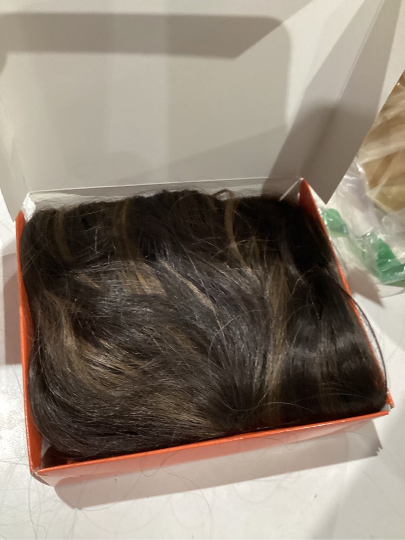 Condition photo showing As Is for rootoo hair toppers for women, 20 inch toppers hair pieces for women with thinning hair big base curly wavy wiglets cover 360° 3d middle part clip in bangs (dark brown with highlights) dark brown with highlights middle bangs