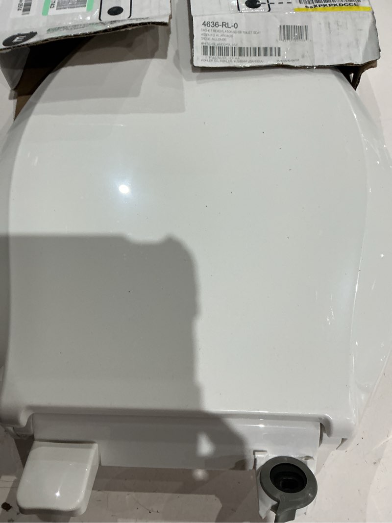 Condition photo showing As Is for kohler 4636-rl-0 cachet readylatch elongated toilet seat slow close, soft close toilet seat quiet lid, contoured grip-tight bumpers installation hardware, apartment essentials, white white elongated ready latch