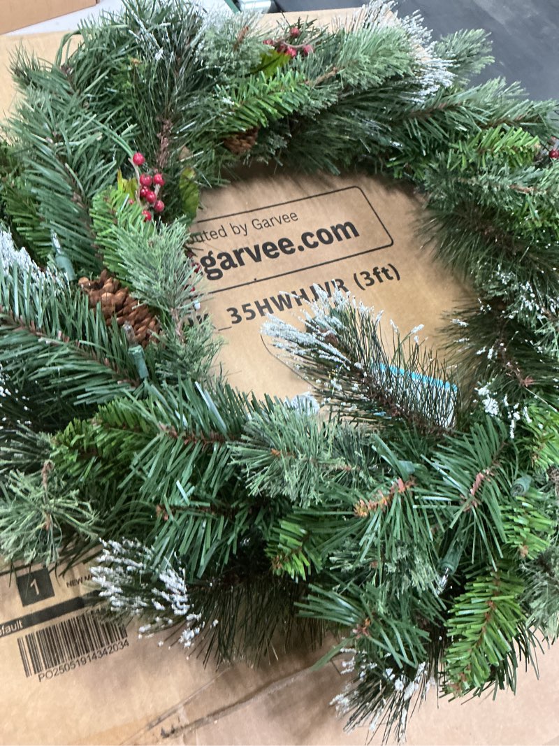 Condition photo showing Good Condition for (Similar)National Tree Company 24 in Pre-Lit Wintry Pine Flocked Artificial Christmas Wreath, Christmas Decoration with Pinecones, Red Berries, 50 Clear LED Lights, 113 Tips, Timer, Green