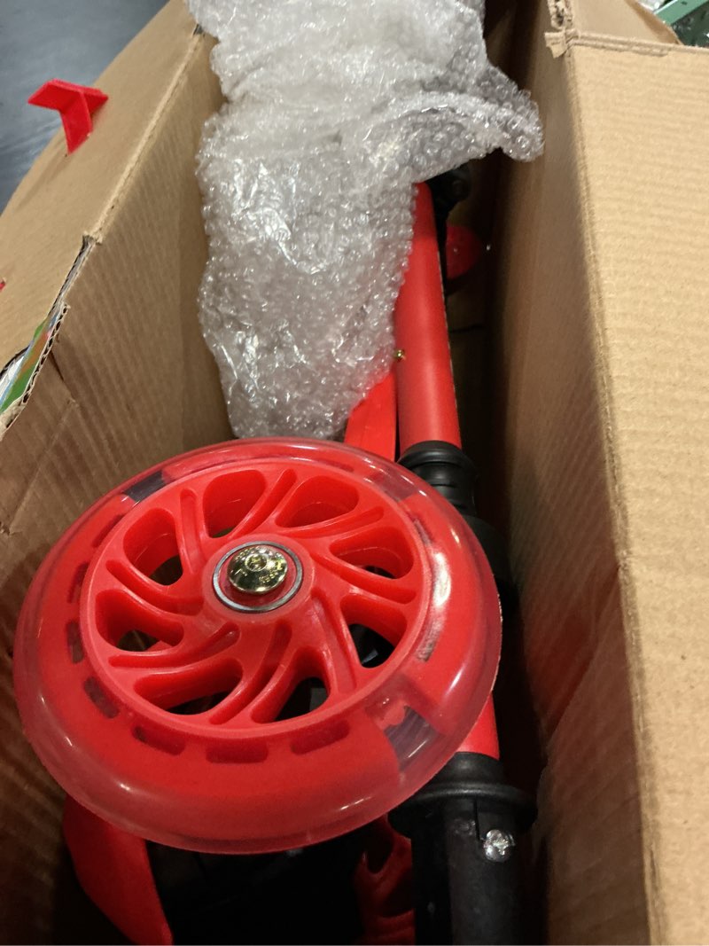 Condition photo showing As Is for red mini 3 wheel scooter for kids – lean-to-steer with led light-up wheels, adjustable handlebar, wide anti-slip deck, smooth pu wheels, rear foot brake – toddler scooter for ages 2+