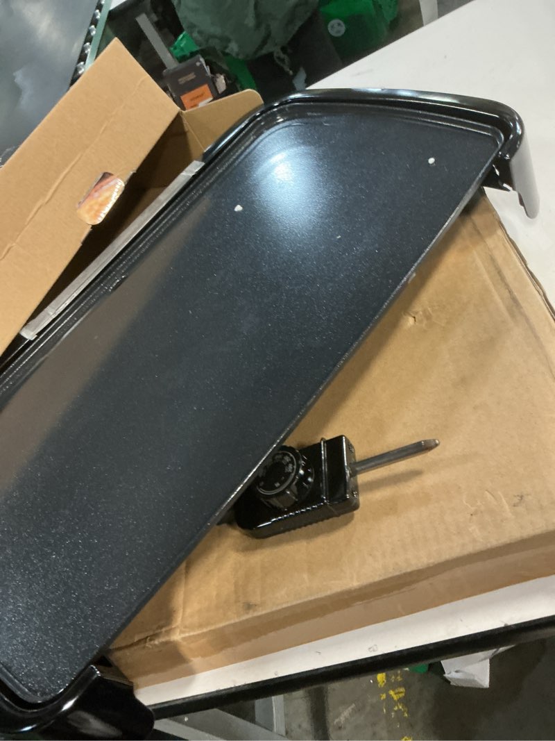 Condition photo showing As Is for BLACK+DECKER 8-Serving Electric Griddle, GD2051B, Non-Stick Cooking Surface, Warming Tray, Removable Drip Tray, Family Sized Griddle with Warming Tray