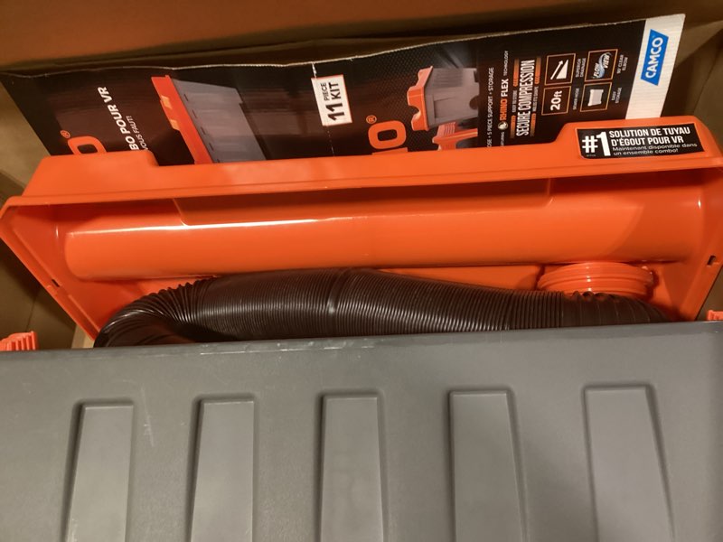 Condition photo showing As Is for camco rhino ultimate 20' rv sewer hose kit — all-in-one sewer hose solution — 11-piece combo kit includes storage box for nesting support & camper organization (43075)