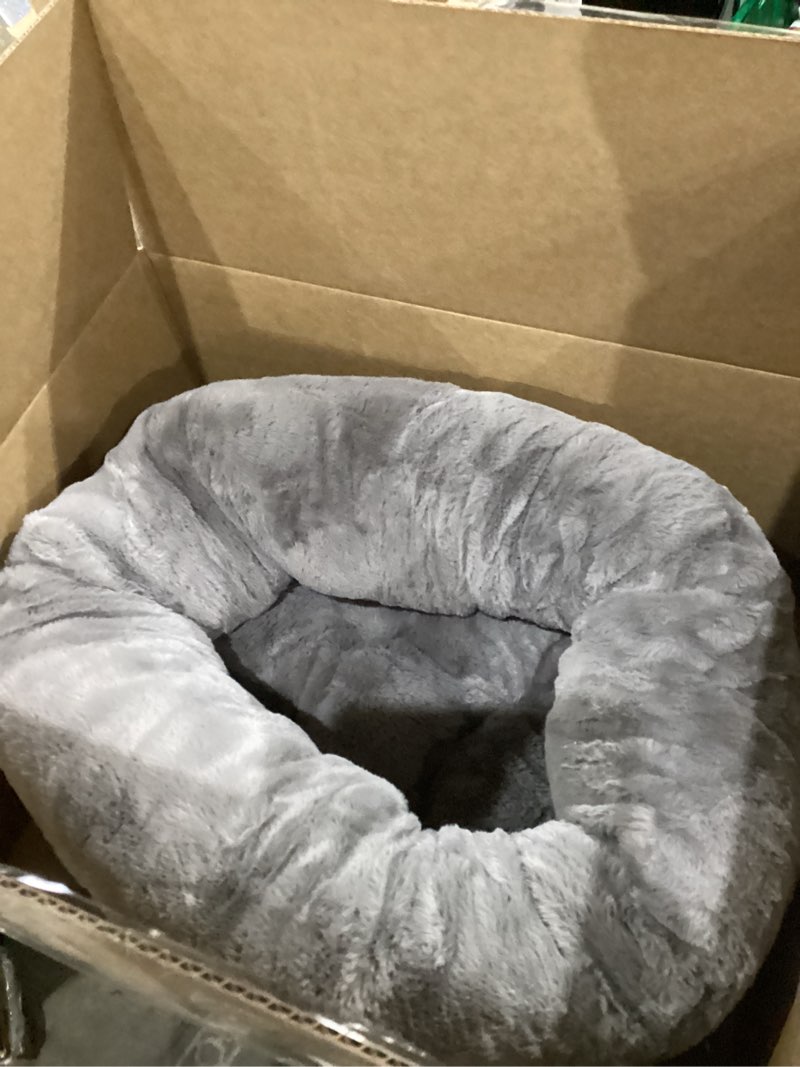 Condition photo showing New/Like New for ClevaHome Cozy Cat Bed - Ultra-Soft Plush Pet Bed with Raised Sides and Anti-Slip Base, Comfortable Round Bed for Small Pets up to 11 lbs Denim Grey 20"L x 20"W x 8"Th