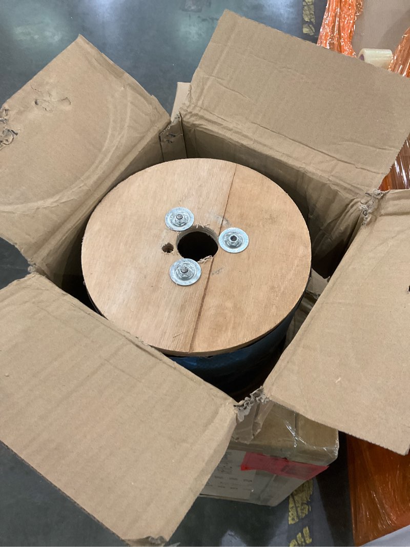 Condition photo showing As Is for Houseables Cable Coated Vinyl, Wire Rope, 1/4" OD, 0.149" ID, 7x7 Braided Strands, Carbon Steel, Aircraft Cables, Wooden Reel, Galvanized Metal, Tension Wires, for Clothes Line, Black, 500 Feet Black 500 Ft