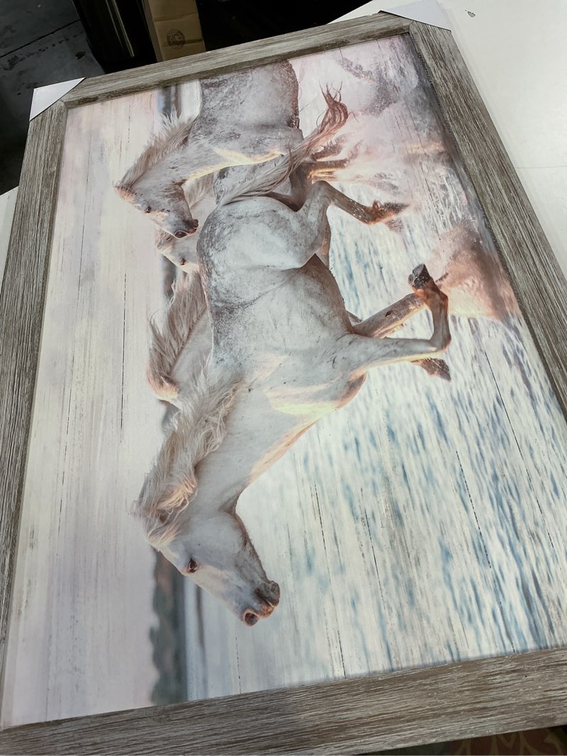 Condition photo showing Good Condition for horse wall art wood decor: horses running large framed picture wild animal print painting modern wildlife artwork decoration for home office living room 36 x 24 inches
