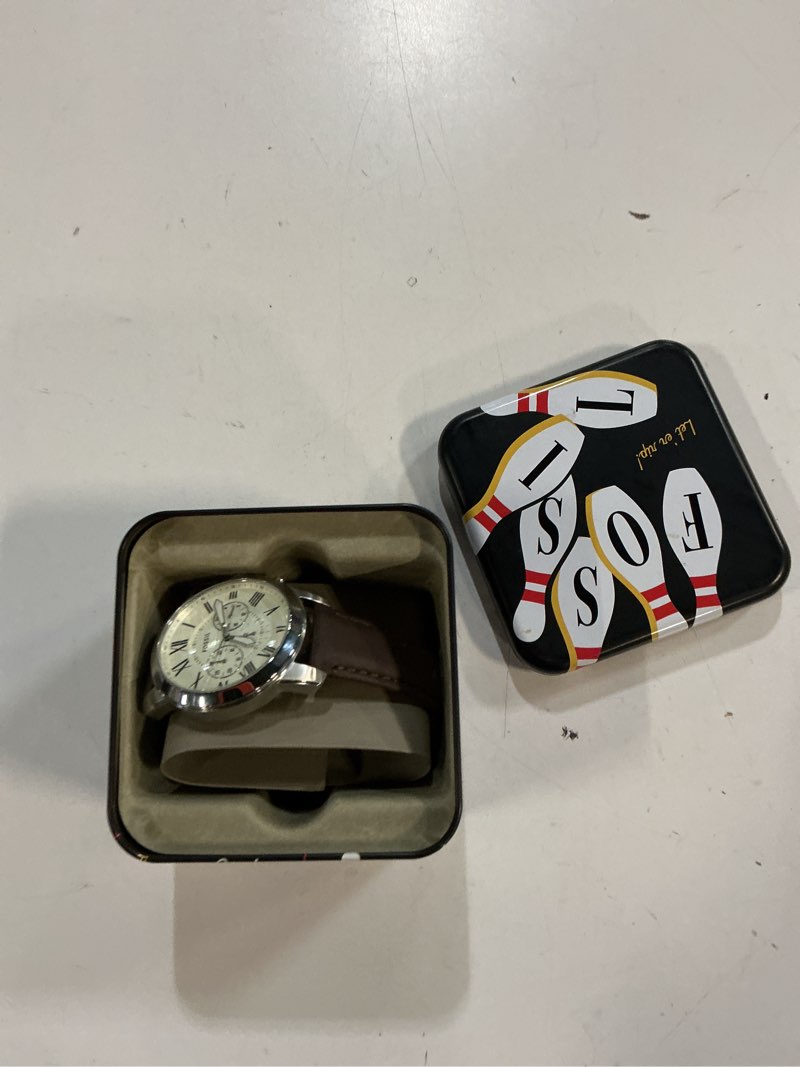 Condition photo showing New/Like New for fossil men's watch, grant quartz stainless steel chronograph watch for men silver, brown