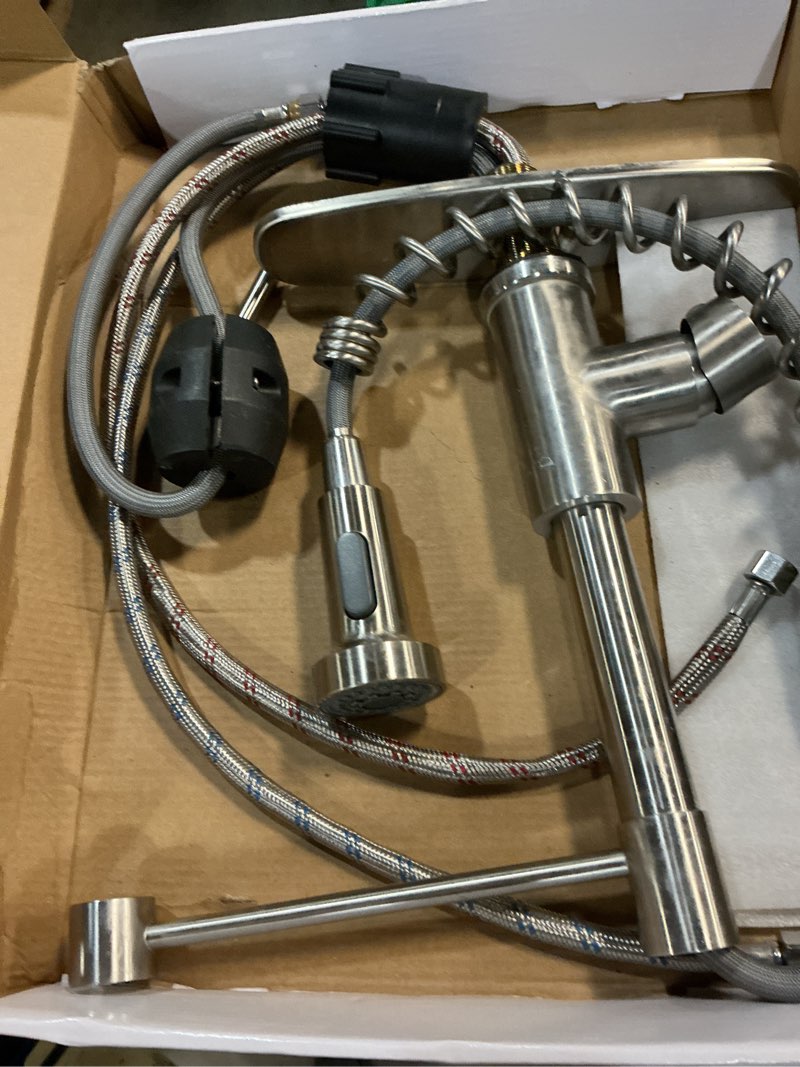 Condition photo showing As Is for kitchen faucets, brushed nickel kitchen sink faucet with pull down sprayer single handle with deck plate stainless steel, suitable for farmhouse camper laundry rv bar - owofan 9009sn classic brushed nickel