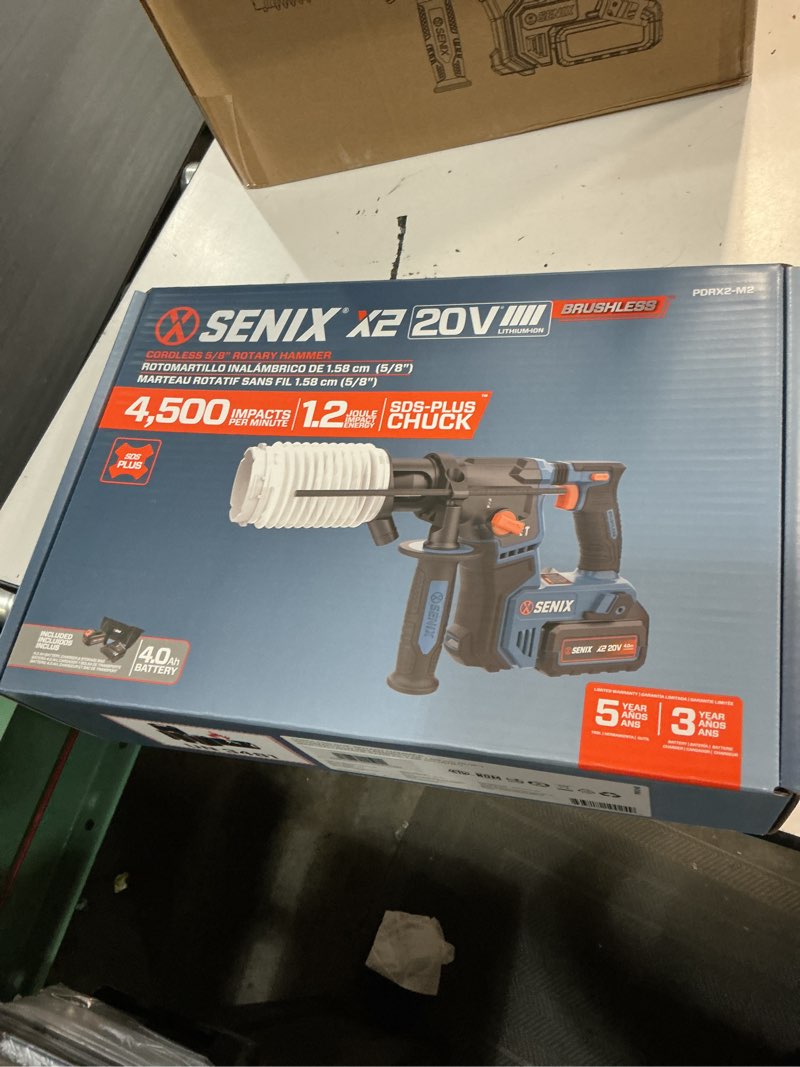 Condition photo showing New/Like New for senix 20 volt max* sds-plus cordless 5/8" rotary hammer drill with brushless motor, auxiliary handle, dual function, & vibration control, battery, charger, & storage bag included (pdrx2-m2)