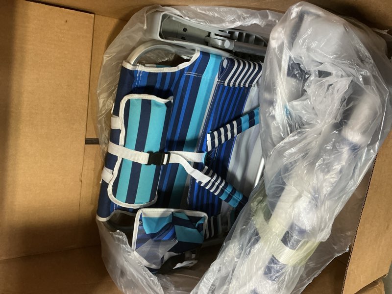 Condition photo showing Good Condition for 5-position aluminum lay flat backpack beach chair 2 pack, compact portable low beach chairs for adults, beach chair with cooler pouch, storage pouch, towel bar, cup holder, blue stripe blue stripe 2 pack