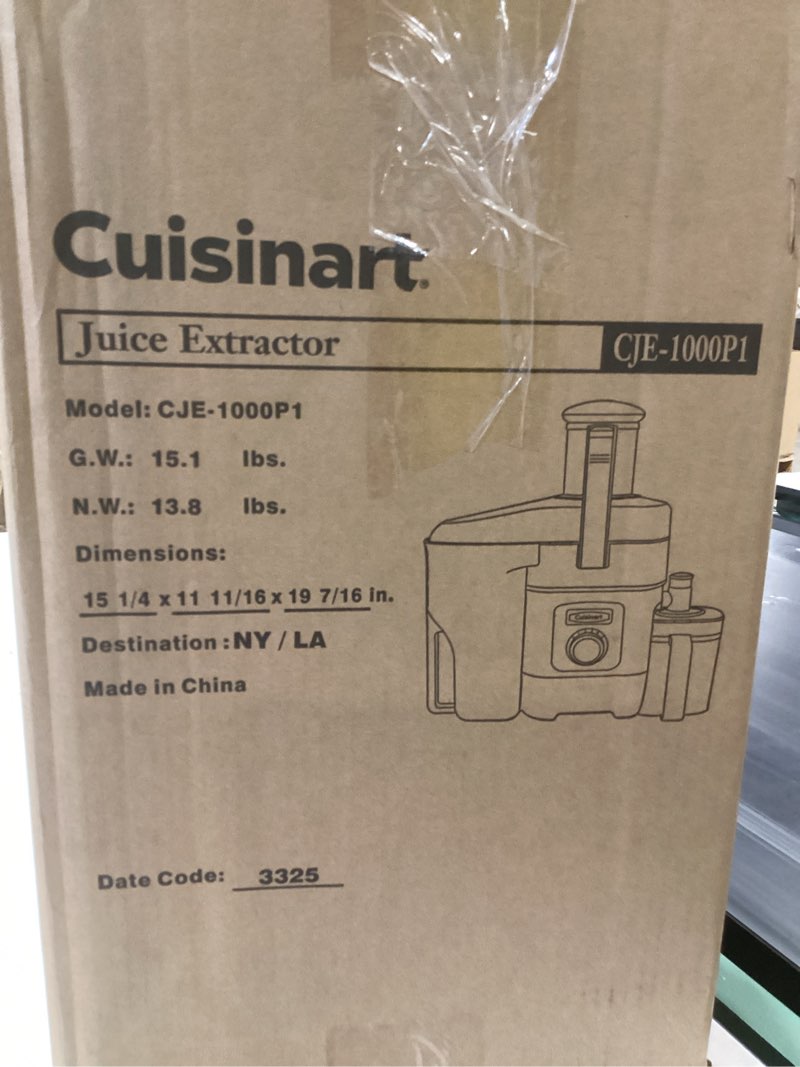 Condition photo showing As Is for cuisinart juicer machine, die-cast juice extractor for vegetables, lemons, oranges & more, cje-1000p1,silver/black, 15.35" x 11.8" x 19.01"