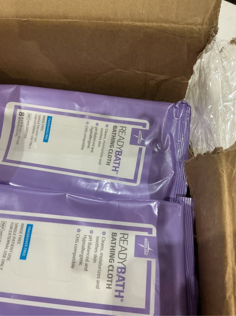Condition photo showing As Is for medline readybath adult bath wipes, 240 wipes (8 wipes, 30 packs), unscented, no rinse formula with aloe, shower wipes for sensitive skin, hypoallergenic & alcohol-free wet wipes, 8 x 8 inch unscented 30 count (pack of 8)