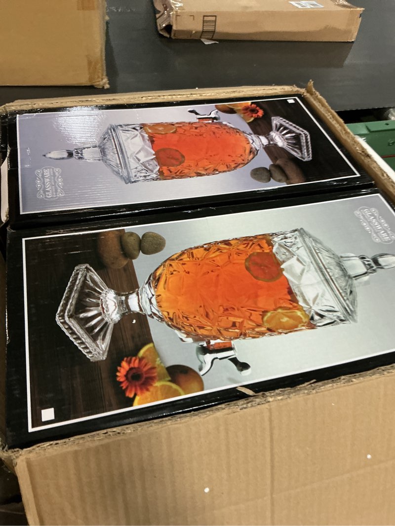 Condition photo showing Good Condition for Bokon 2 Pieces Drink Dispensers for Parties Crystal Iced Beverage Dispenser with Stand and Spigot, Glass Liquid Containers Wide Mouth Beverage Server for Juice Tea Wedding