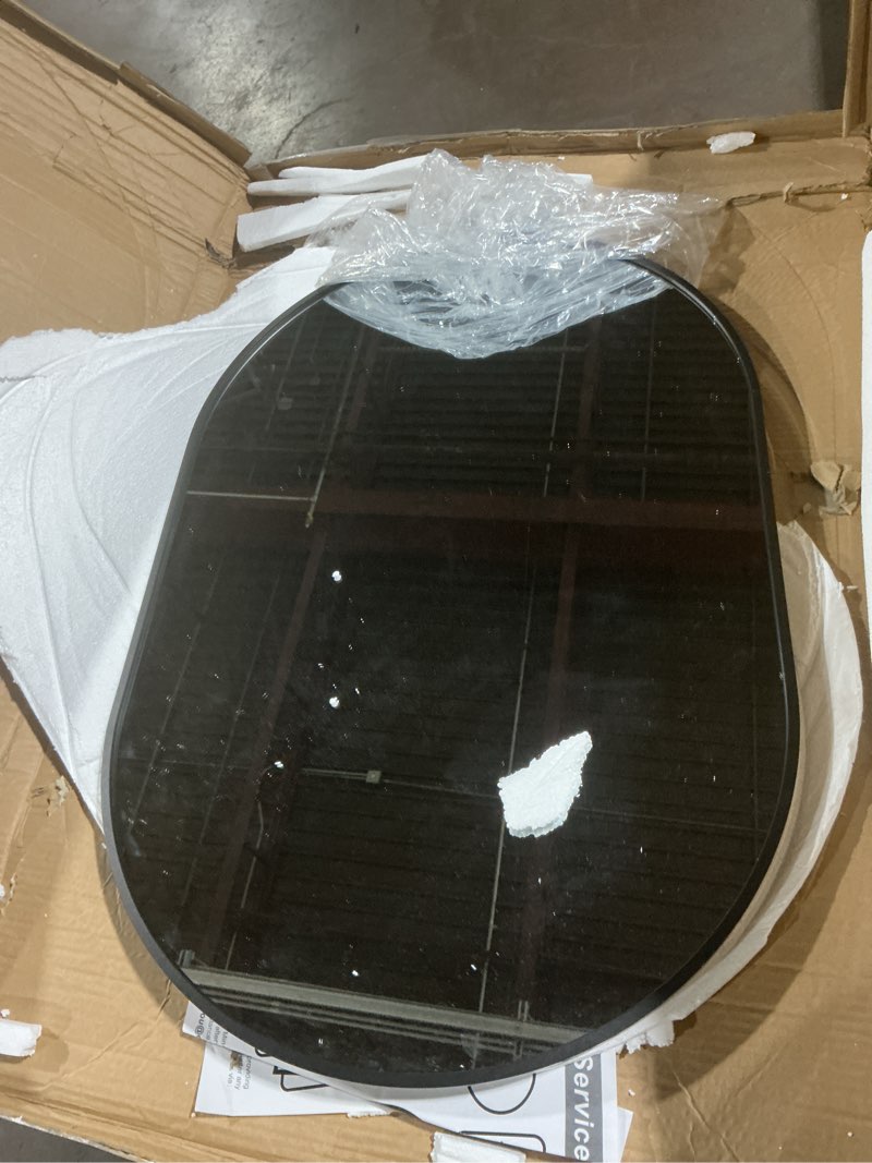 Condition photo showing As Is for bathroom mirror for wall,30''x20'',black oval mirror for bedroom entryway bathroom, metal framed vanity mirror(30''x20'',black) oval black 30"l x 20"w