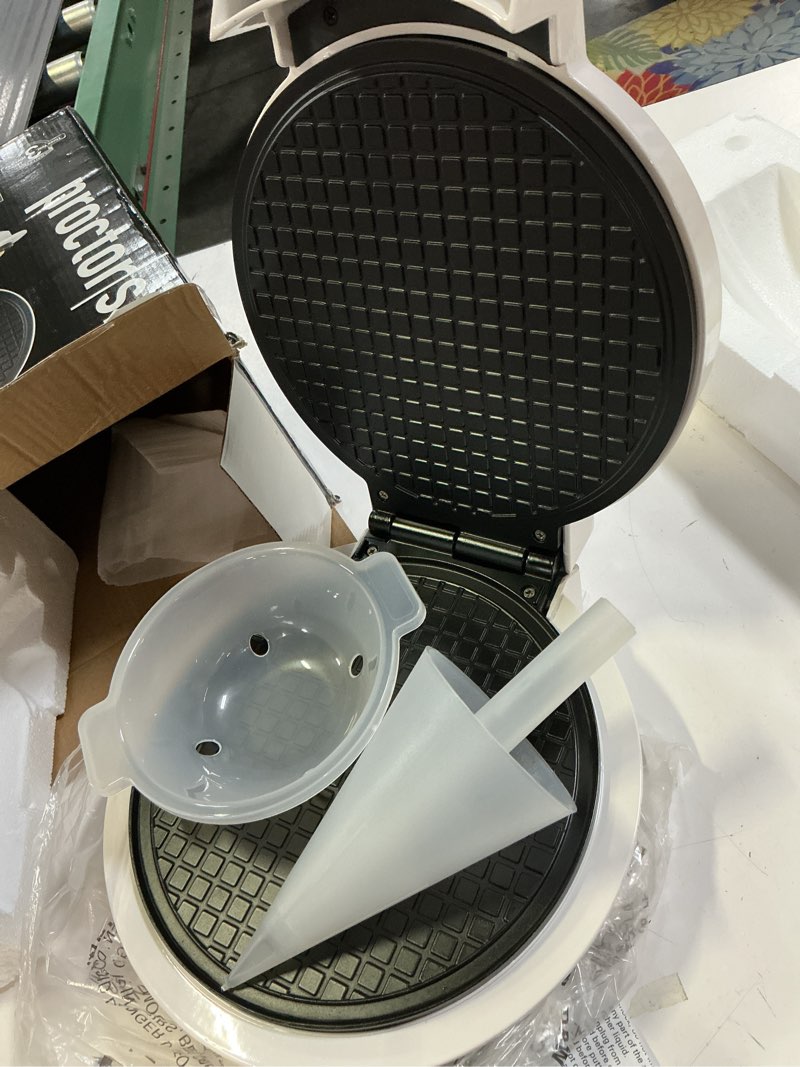 Condition photo showing Good Condition for proctor silex waffle cone and ice cream bowl maker with browning control, shaper roller and cup press, 7.5” pfas-free nonstick plates, white (26410mn)