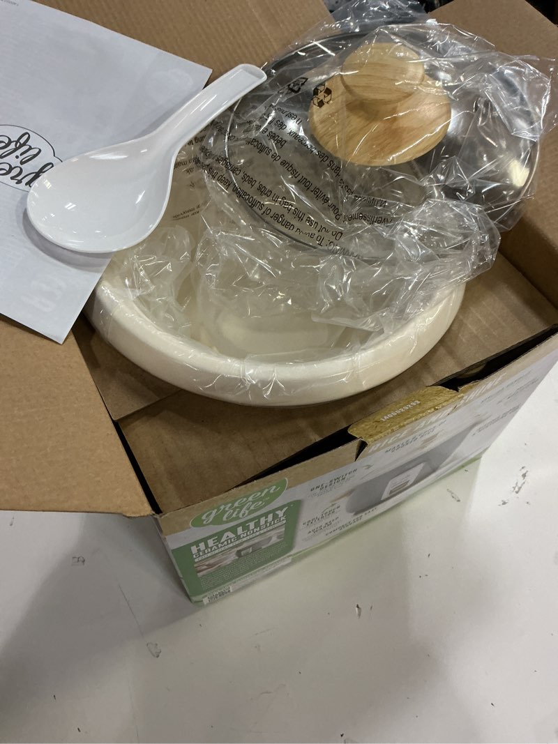 Condition photo showing New/Like New for greenlife rice cooker with removable pfas-free ceramic nonstick pot, 3-cups uncooked/6-cups cooked, grains & oatmeal multicooker, compact one-switch design, auto keep warm, easy clean, gray gray 1.5qt rice cooker