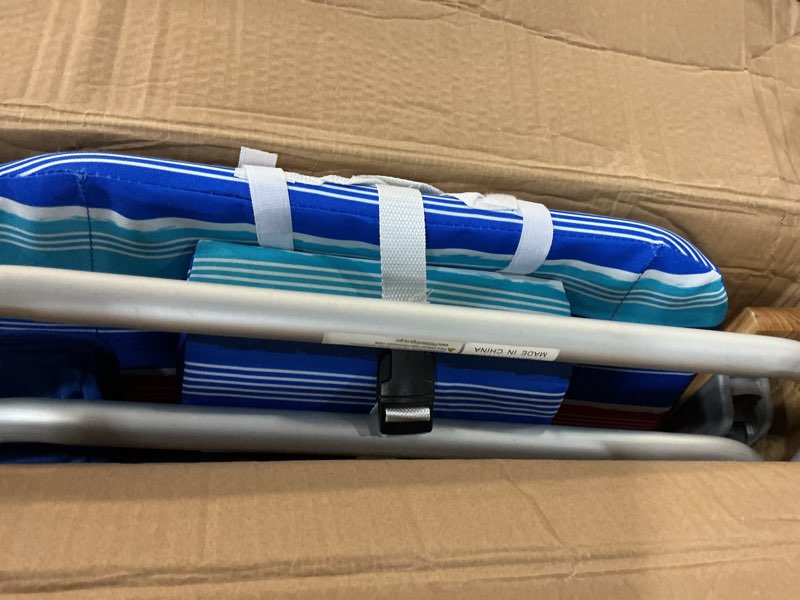 Condition photo showing New/Like New for tommy bahama 2-pack hi-boy 17" seat height 4-position lace-up suspension folding backpack beach chair 2-pack blue/red stripe