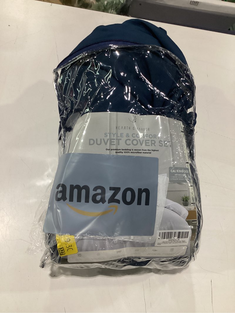 Condition photo showing As Is for hearth & harbor california king duvet cover sets navy blue - 3 piece bedding set, soft double brushed comforter cover set with button closure, 1 duvet cover 104x98 inches and 2 pillow shams 22 - navy blue (no comforter) california king (104" x 98")