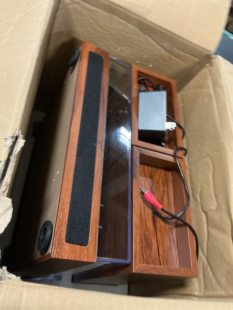 Condition photo showing New/Like New for lp&no.1 vinyl record player with stereo bookshelf speakers, vintage wood finish, 3-speed belt-drive turntable with wireless input playback mode, rca output, auto stop | mahogany mahogany brown