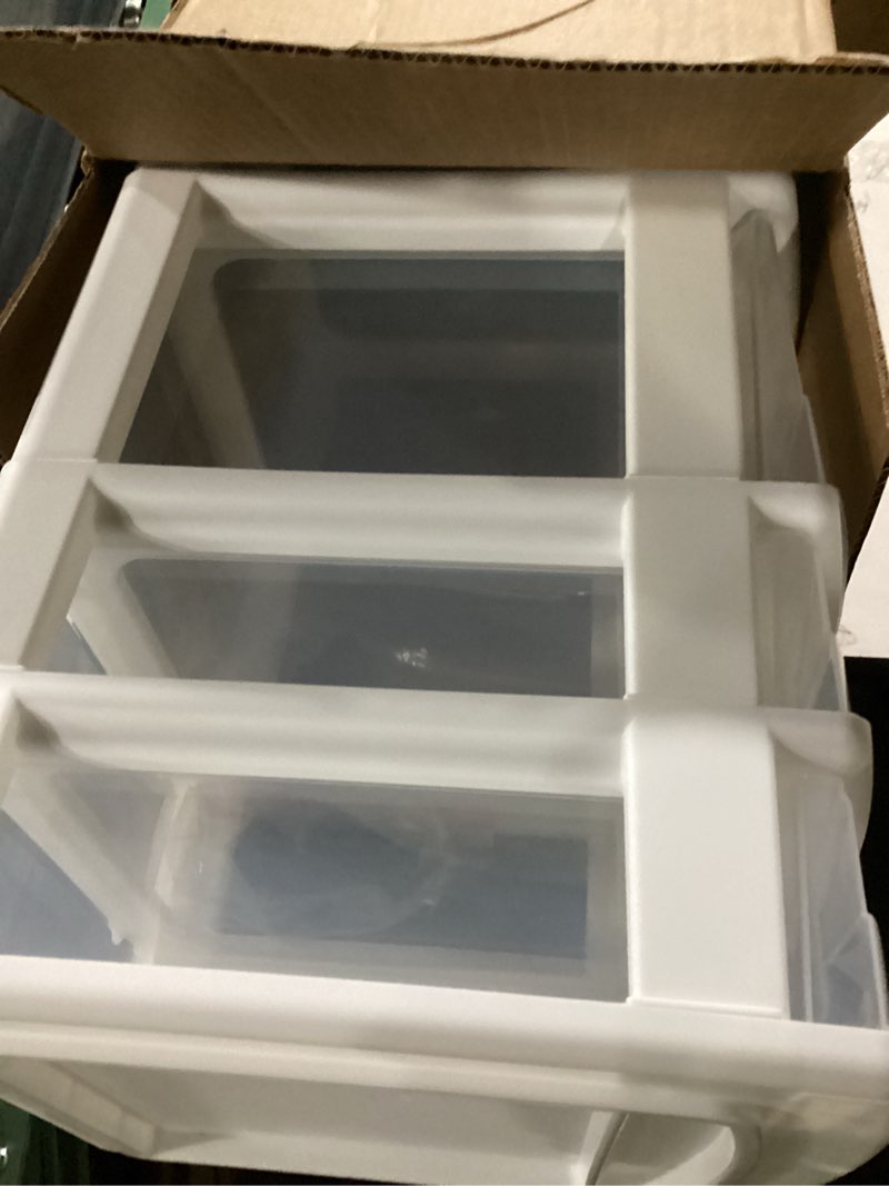 Condition photo showing New/Like New for homz drawer tower, 4-tier clear plastic storage organizer cart, white frame – rolling containers with wheels for bathroom, bedroom, office, and classroom organization white 1 pack