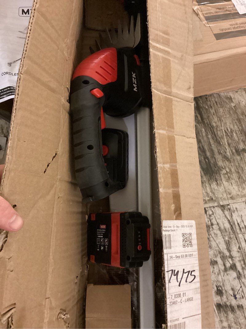 Condition photo showing As Is for mzk 2-in-1 20v pole mini hedge trimmer & grass shear, 13ft reach, electric hedge trimmer with extension pole, multi-angle (2*batteries and charger included) ht08d11