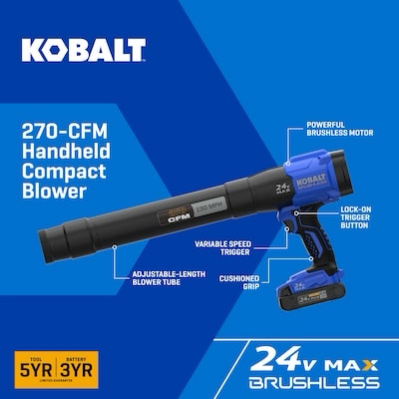 kobalt 24-volt 270-cfm 130-mph battery handheld leaf blower 3 ah battery included charger included