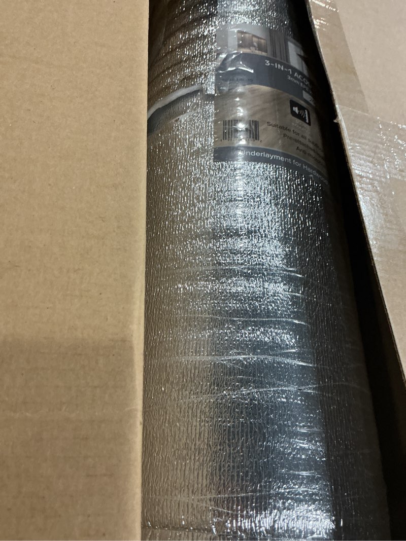 Condition photo showing Good Condition for 3-in-1 acoustic premium floor underlayment - 200 sqft roll - 3mm thick epe with silver foil vapor barrier with tape - moisture barrier, thermal insulation, sound insulation (silver protect)