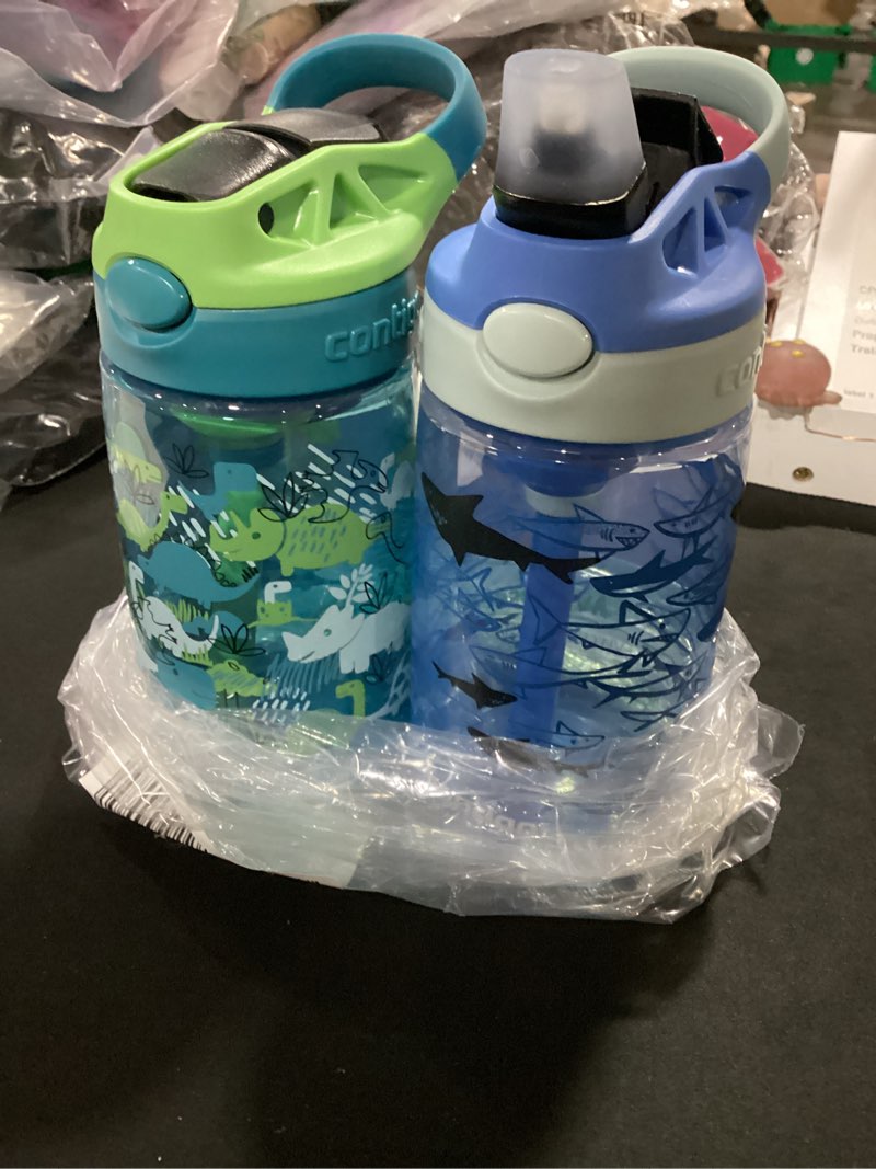 Condition photo showing Good Condition for contigo aubrey kids water bottle, 2-pack, 14oz, dinos & sharks, spill-proof lid, dishwasher safe, blue & green dinos & sharks 14 oz (pack of 2)