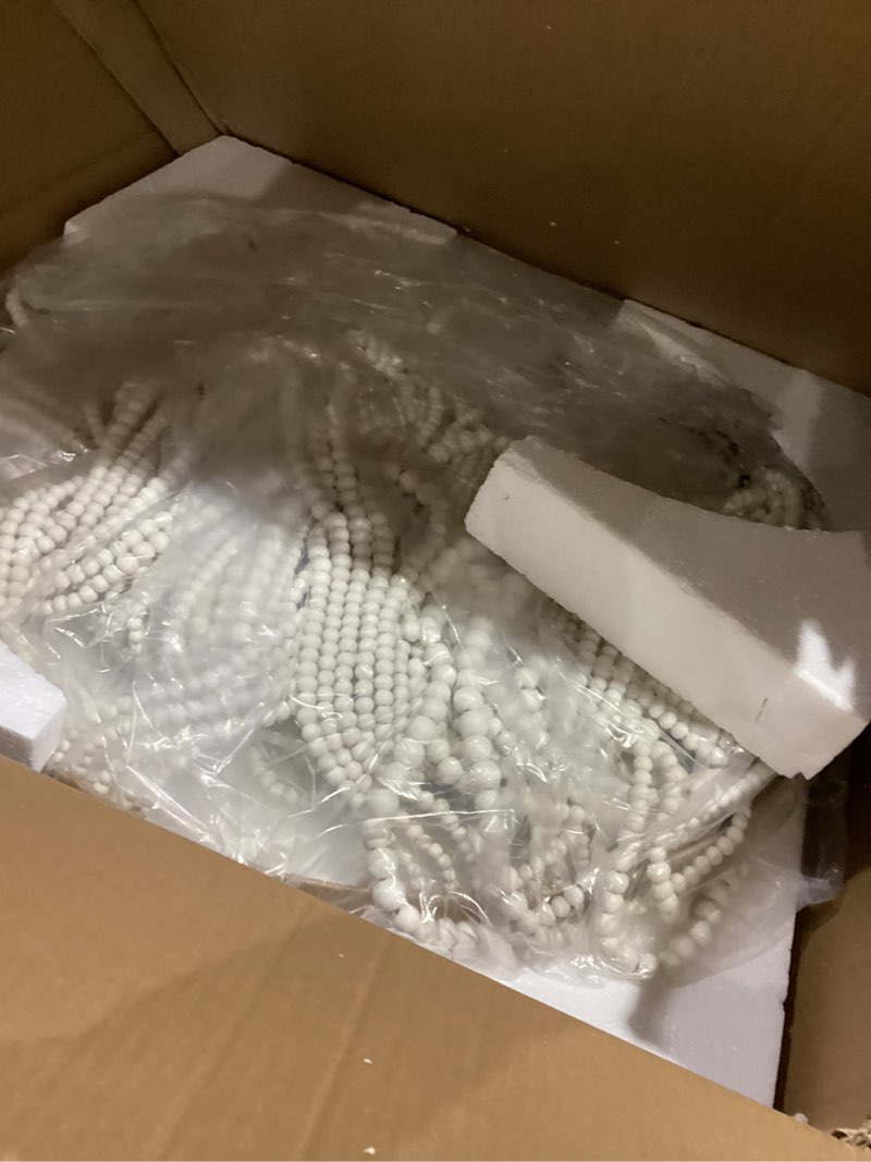 Condition photo showing As Is for elyccupa 26â€� boho wood beaded chandelier rustic farmhouse pendant light 4-lights large coastal chandelier for living room dining room foyer entryway bedroom, oak white, e26, ul listed