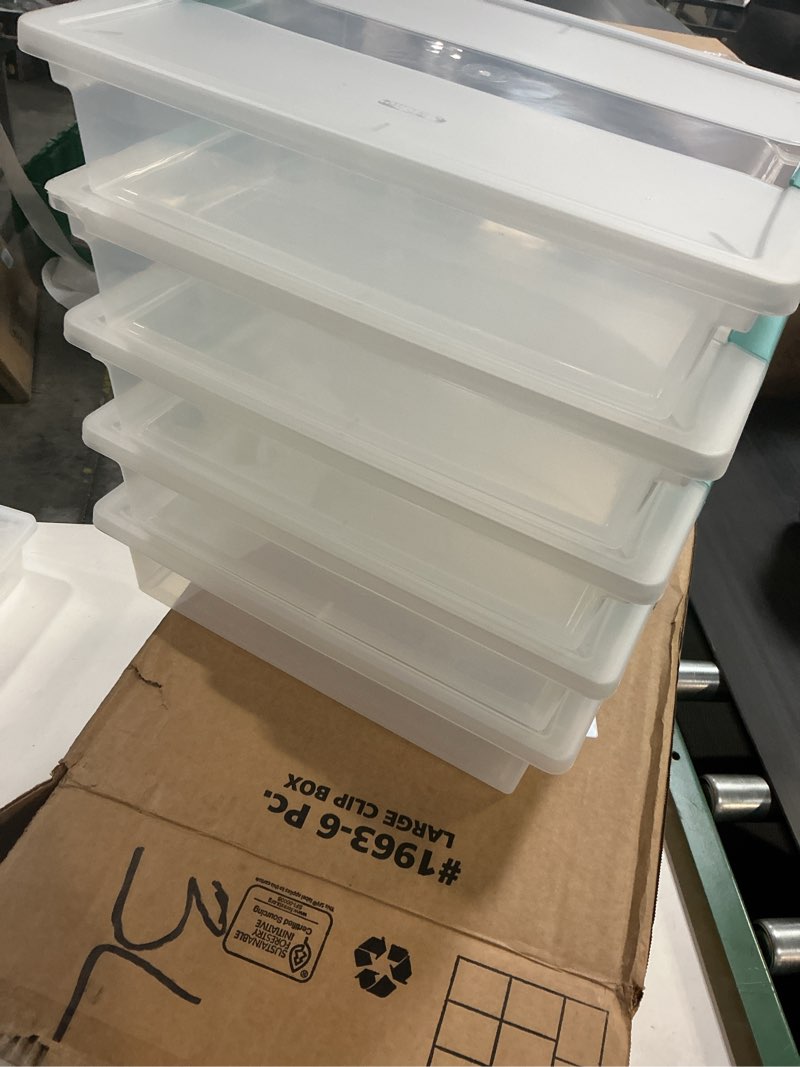 Condition photo showing As Is for Sterilite 5-Pack Clip Box, Stackable Clear Plastic Bins with Latching Lids, Large - Writing, Arts or Crafts Supplies Storage Containers for Home, Office, Classroom and Workshop Organization Large 5 Pack