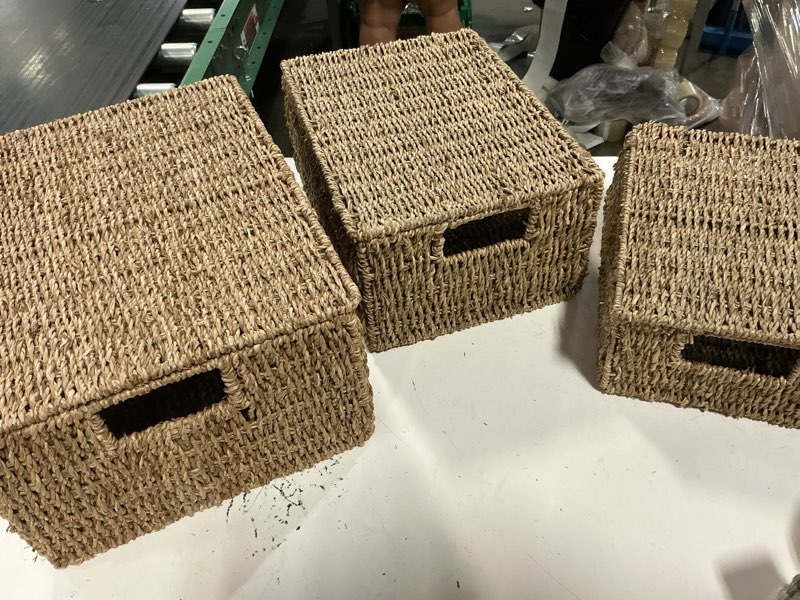 Condition photo showing Good Condition for mdesign natural woven seagrass closet storage organizer basket bin with removeable lids to use in closet, bedroom, bathroom, entryway, office - set of 3 - natural finish