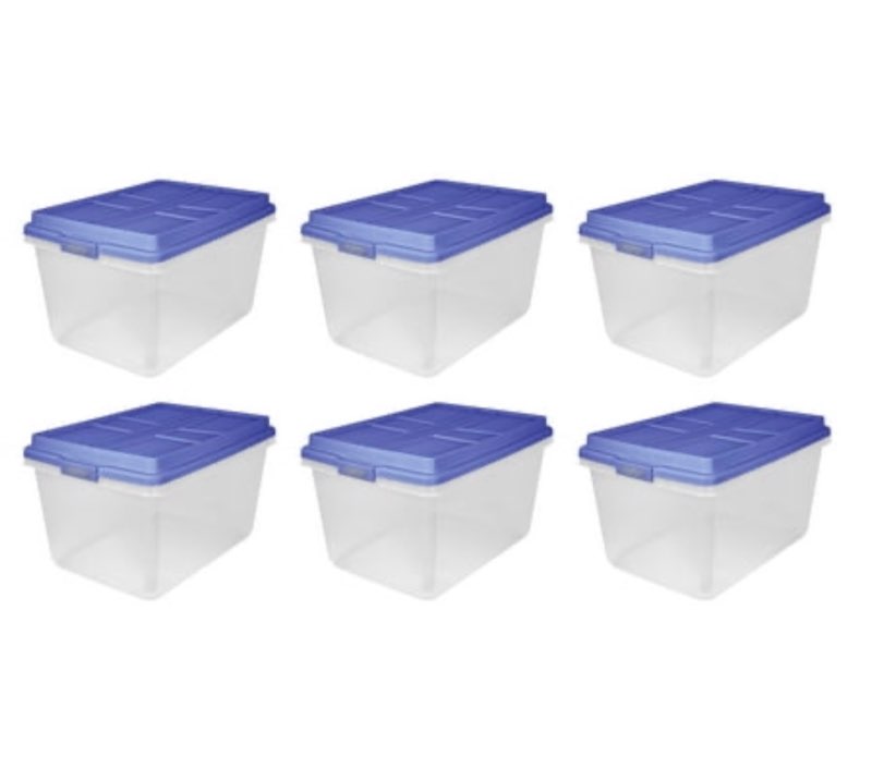 Hefty 72 Qt. Clear Plastic Storage Bin with Blue HI-RISE Lid  6 Pack