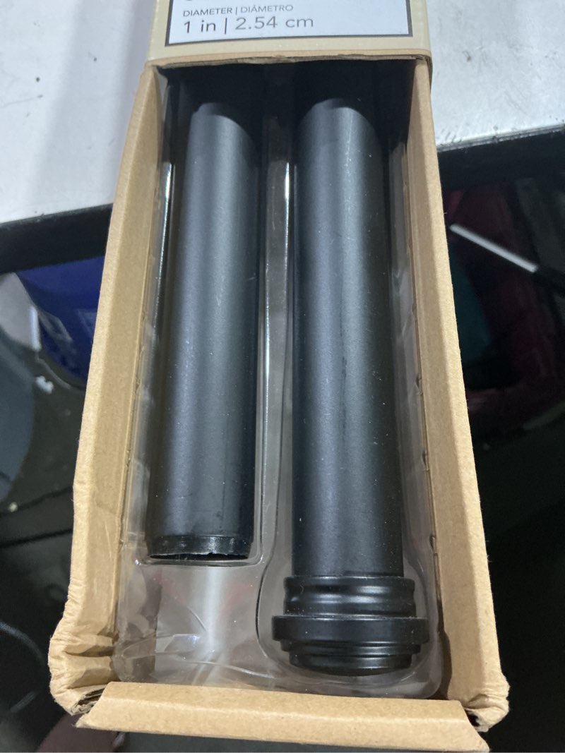 Condition photo showing As Is for allen + roth wetherby 72-in to 144-in matte black steel side single curtain rod