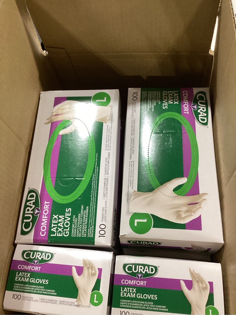 Condition photo showing New/Like New for curad comfort disposable medical latex gloves, powder-free, textured, premium quality for healthcare professionals, size large, case of 1,000