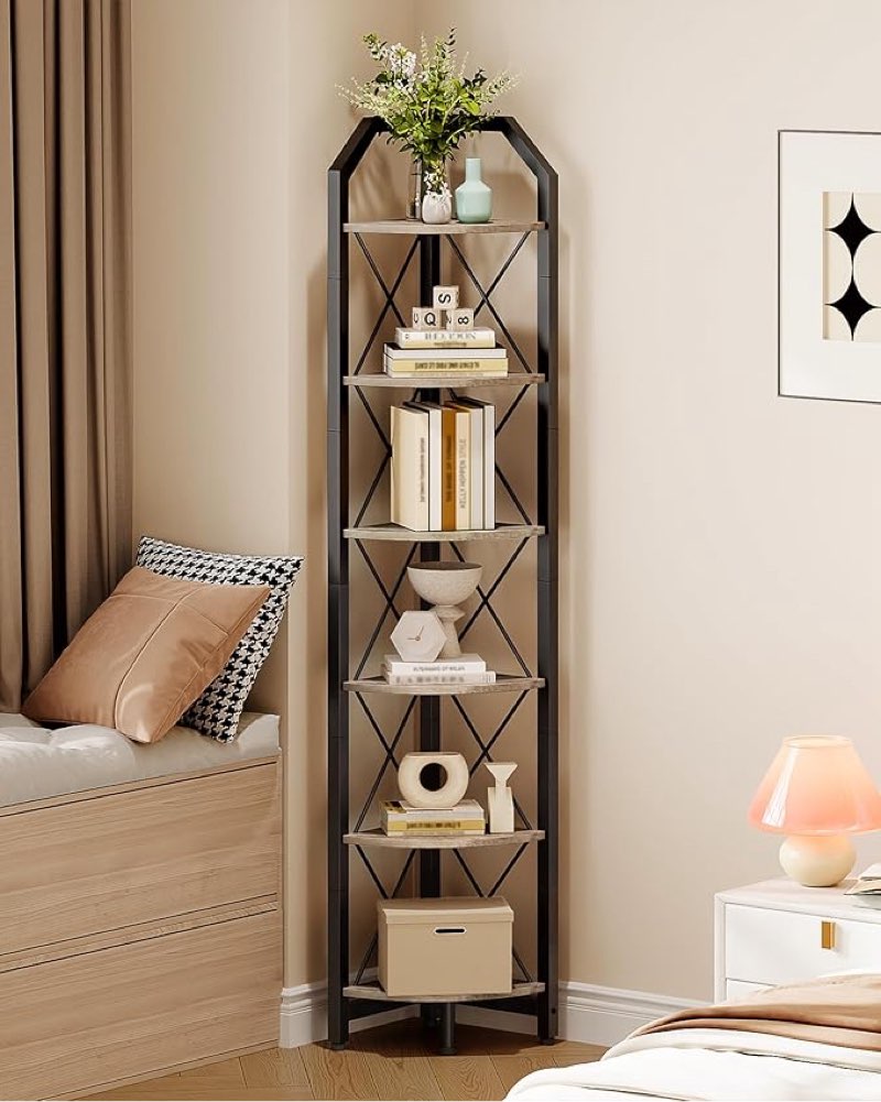 choezon 6-tier corner shelf, industrial corner bookshelf, 71.2" corner storage stand, plant stand di