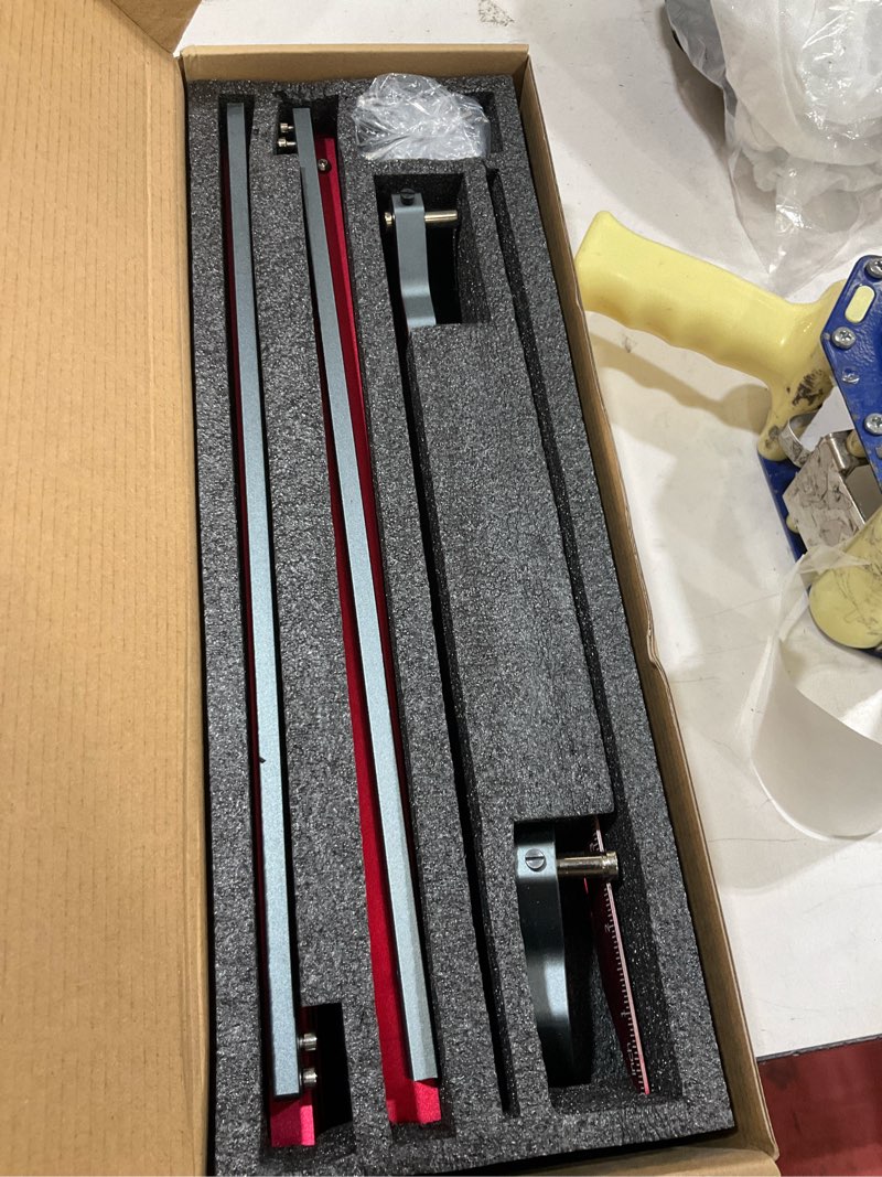 Condition photo showing Good Condition for portable stair tread template tool, simple assembly stair measuring tool, adjustable bar length from 23" to 64.2", precision stair tread jig with dual knobs and stop pins, 14" pivoting scale red