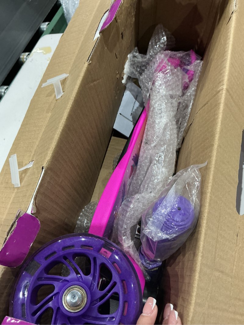 Condition photo showing As Is for self balancing kick scooter with light up wheels, extra wide deck, 3 wheel platform, foot activated brake, 75 lbs limit, kids & toddlers girls or boys, for ages 3 and up my little pony