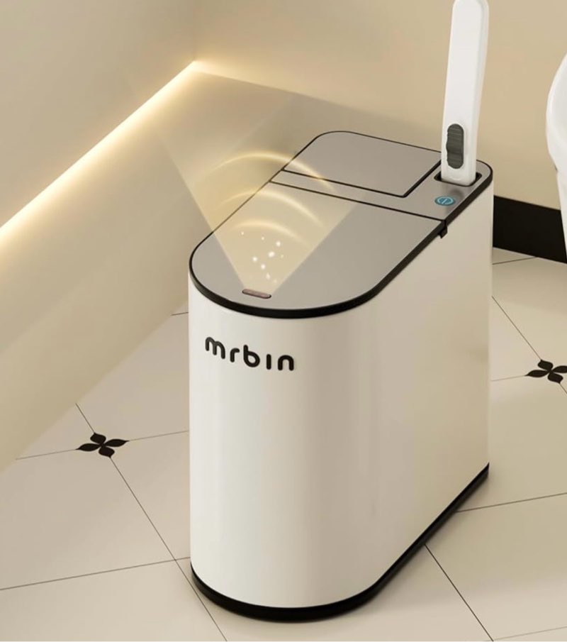 mrbin motion sensor bathroom trash can and disposable toilet brush holder set, 1.8 gallon slim stainless steel small garbage pail, toilet smart waste basket with lid and odor filter, eclipse