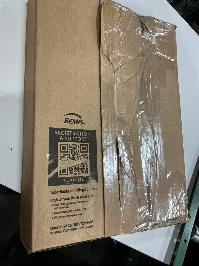 Condition photo showing As Is for mayfair padded toilet seat, cushioned soft vinyl over wood core seat, secure hinges, easy clean, made in usa, elongated, bone round bone toilet seat