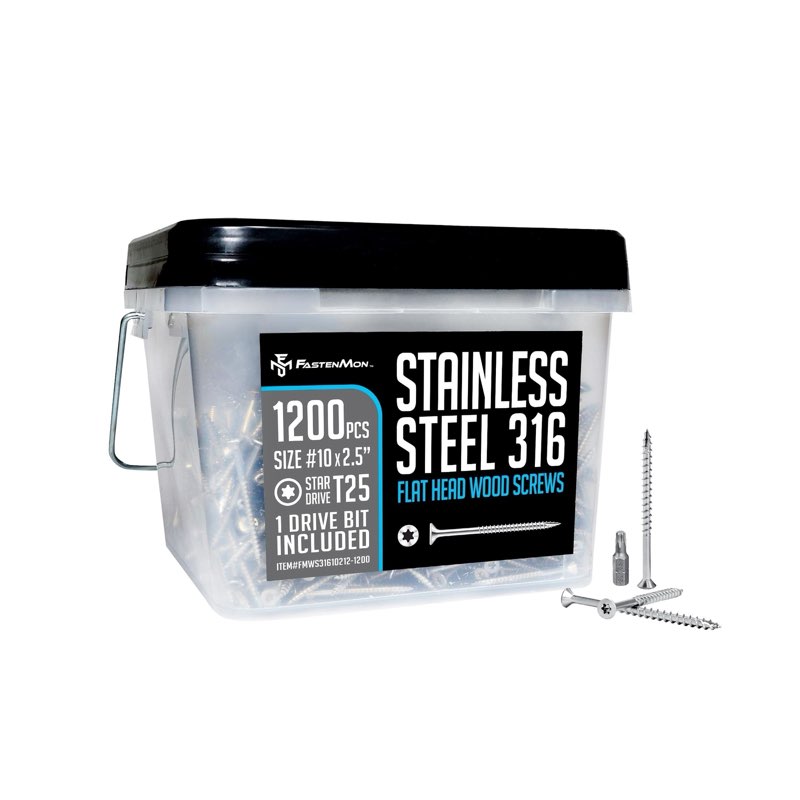 fm fastenmon #10 x 2-1/2" marine grade type 316 stainless steel wood screws - 1200 pack with t25 bit