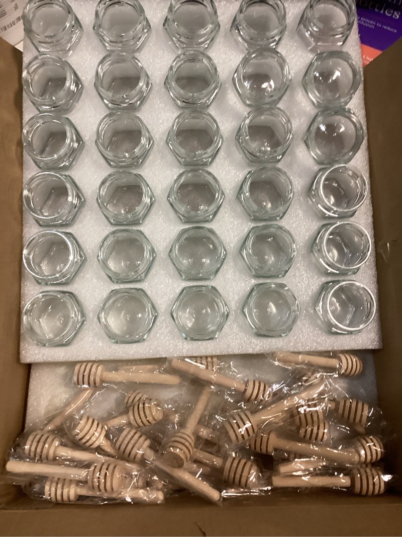 Condition photo showing New/Like New for mini glass honey jars-1.5 oz 25 pcs hexagon honey jars with wooden di mising lid