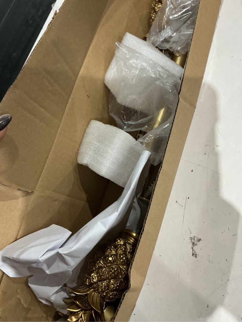Condition photo showing As Is for 1-1/8 inch diameter brushed gold curtain rods with pineapple finial, 72-144'' telescoping single curtain rods for window width 68-140 inch, 1 pack brushed gold 72-144''
