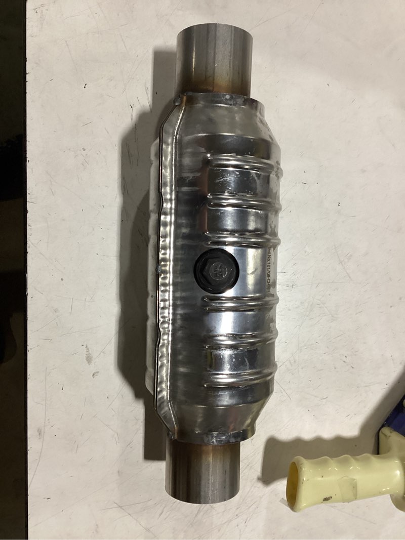 Condition photo showing As Is for universal catalytic converter, 2.5" inlet/outlet catalytic converter universal high flow front cat convertor direct-fit with o2 port & heat shield 2.5'' with heat shield