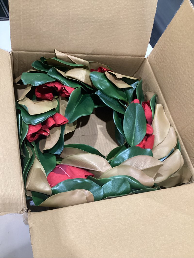 Condition photo showing As Is for 24" Artificial Wreath for Front Door Burgundy Red Magnolia Wreath Greenery for Wedding Christmas Housewarming Thanksgiving Farmhouse Mantel Door Decoration 24" Burgundy Red