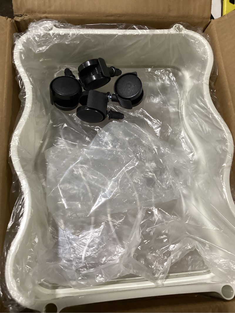 Condition photo showing Good Condition for 2 Tier Utility Rolling Cart with Wheels Under Desk Storage Cart Organizer with Handle for Home Kitchen Bathroom Office Organization White