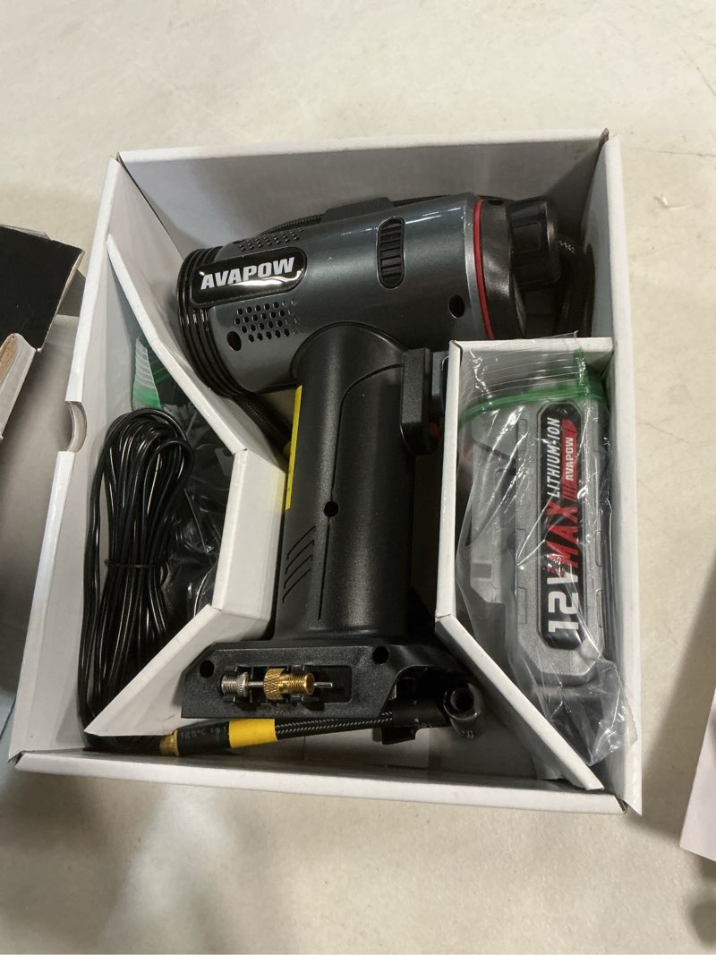 Condition photo showing Good Condition for avapow t12 portable tire inflator, 160 psi cordless dual power air compressor with rechargeable battery, digital gauge and 12v car adapter