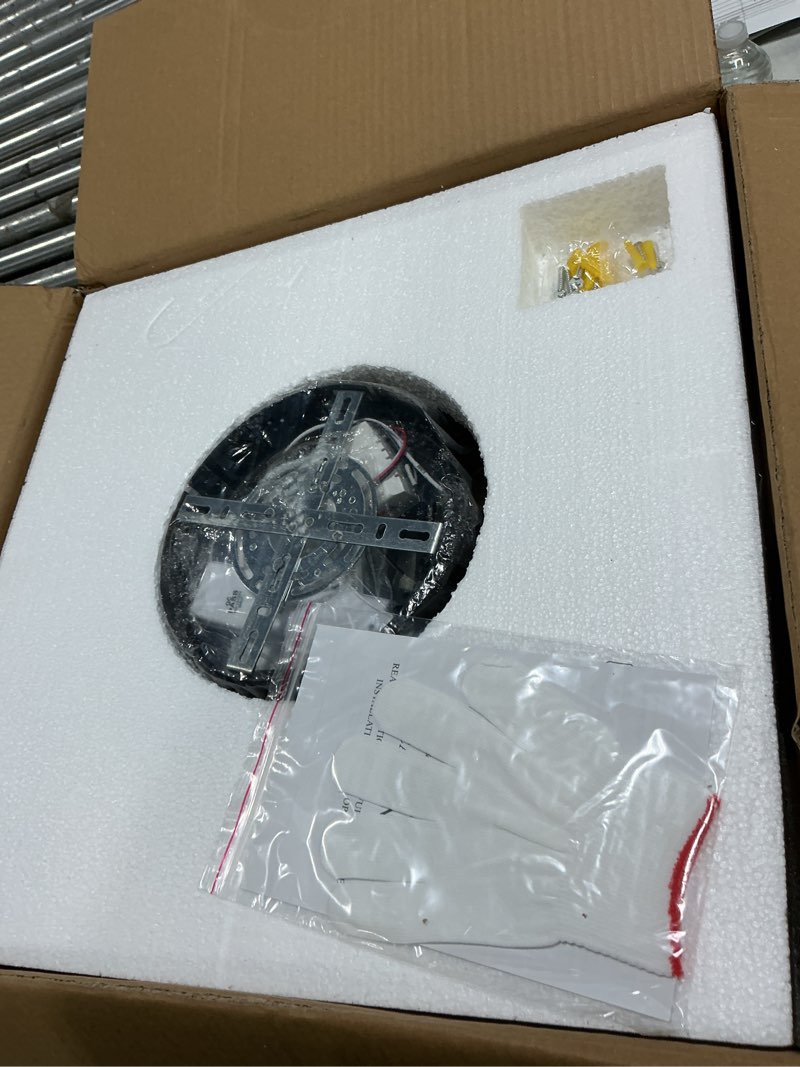Condition photo showing Good Condition for 20 inch caged ceiling fans with lights flush mount,low profile fabric farmhouse bladeless ceiling fan with remote, farmhouse white ceiling fan for bedroom,6 speeds reversible silent fandalier black and white