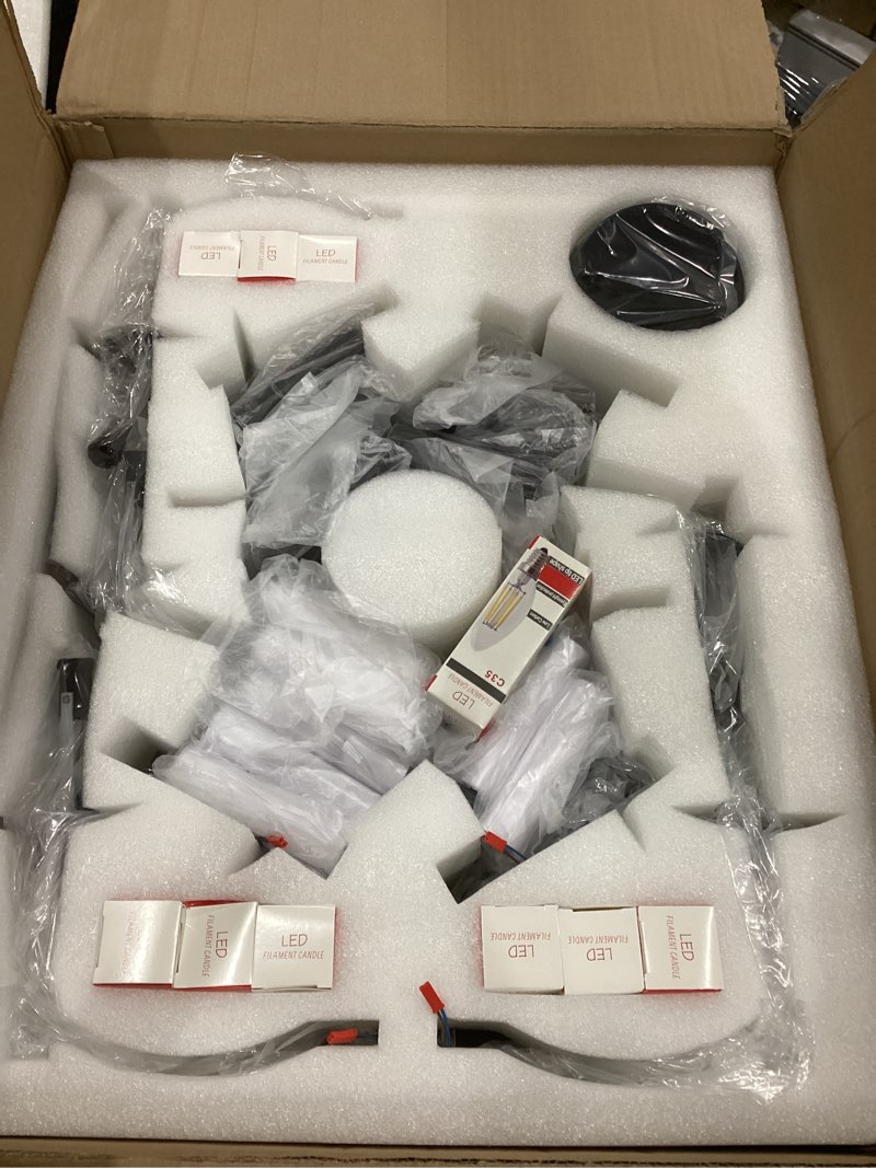 Condition photo showing As Is for Round Black Chandeliers, Modern Candle Hanging Lights, LED Pendant Lighting Ceiling for Dining Room Bedroom Kitchen Island Farmhouse Living Room (Black-A 9Lights)