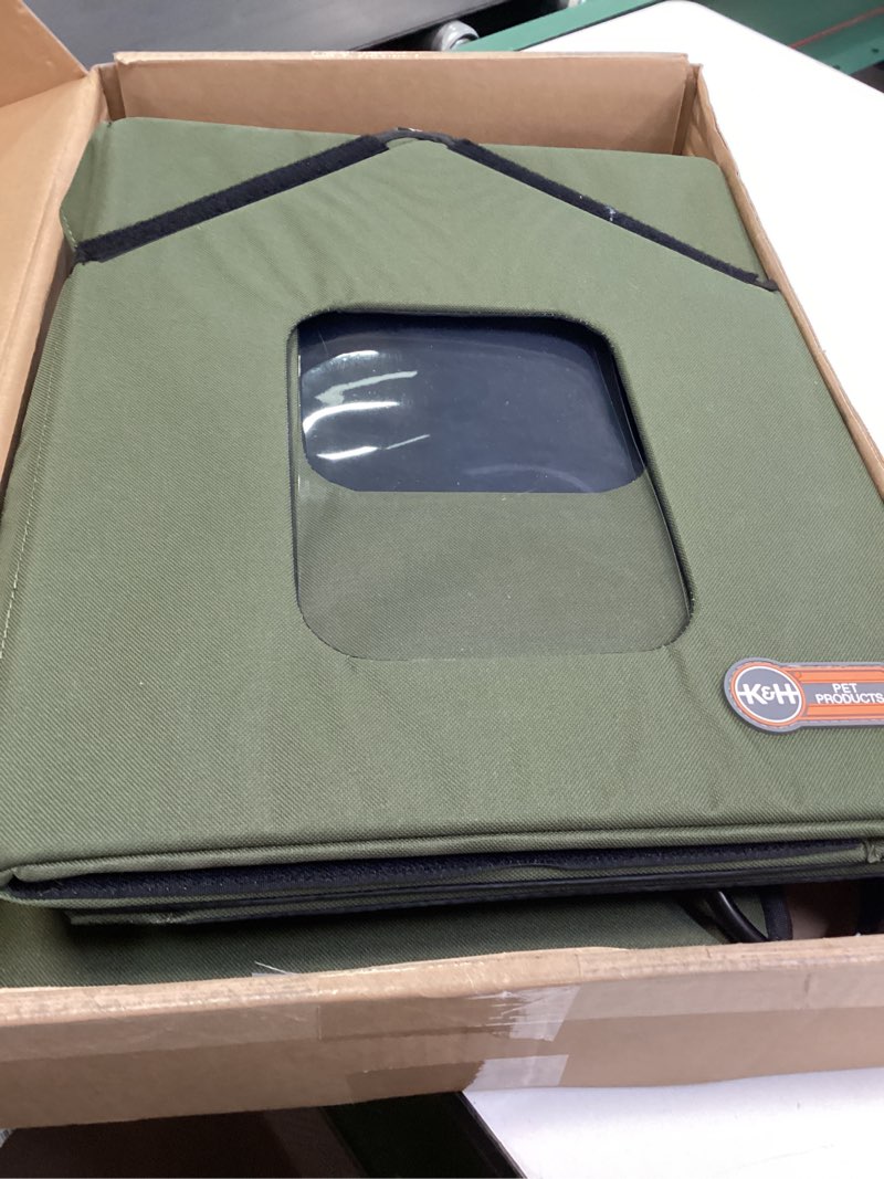 Condition photo showing Good Condition for K&H Pet Products Heated Outdoor Cat House for Outside Pets in Winter, Weatherproof Outdoor House for Ferals, Insulated Kitty Shelter, 2 Doors, Waterproof Heated Cat Bed, Safety Listed - Olive/Olive Olive/Olive Heated