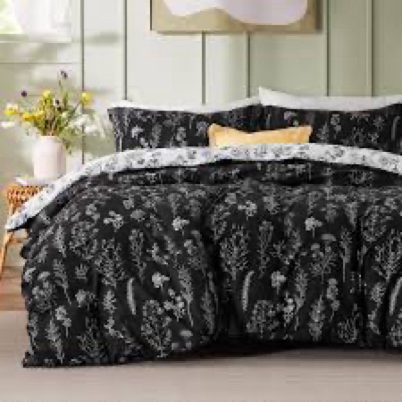 bedsure comforter set queen size - floral bedding comforter set, 3 pieces, 1 soft black comforter an