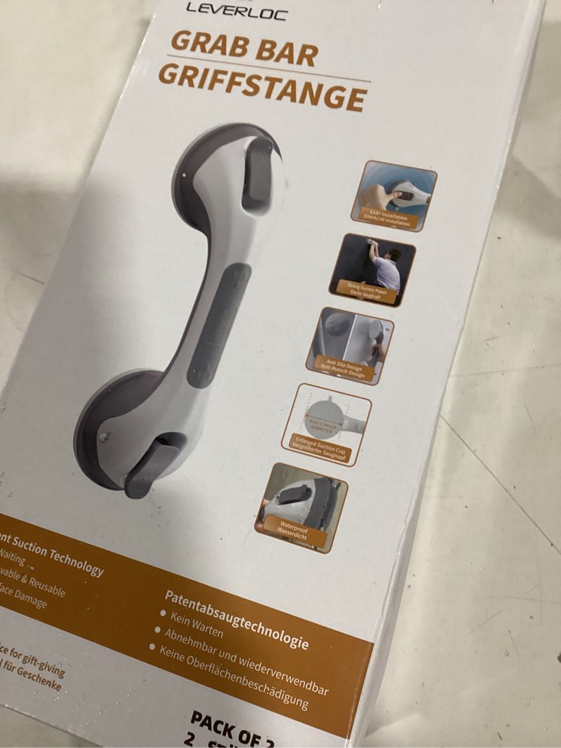 Condition photo showing Good Condition for LEVERLOC Grab Bars for Bathtubs and Showers 2 Pack Suction Grab Bar, Heavy Duty 12 Inch Shower Handle Removable Bath Handrails for Seniors and Elderly, Bathroom Safety Grip No Drilling Waterproof Grey 12.2" 2 Set Gray